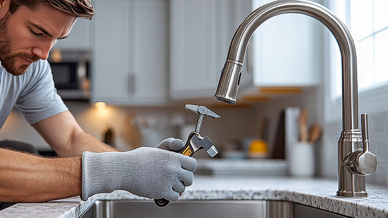 Professional plumber installing kitchen tap